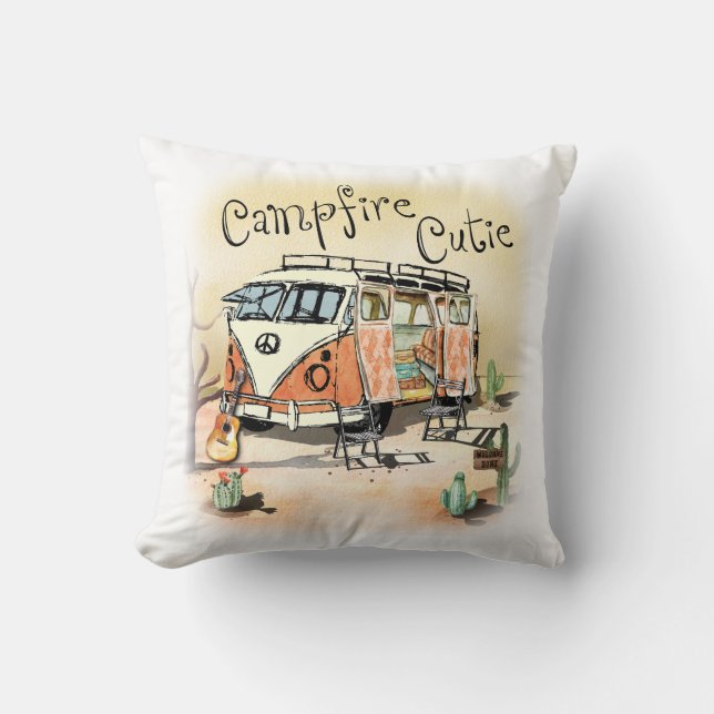 Campfire Cutie Vintage Camping Throw Pillow (Front)