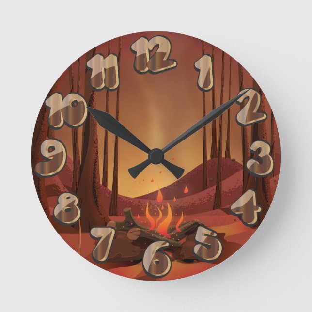 Campfire in the forest. round clock (Front)