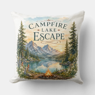 Campfire Lake Escape Mountain Wilderness Camping Throw Pillow