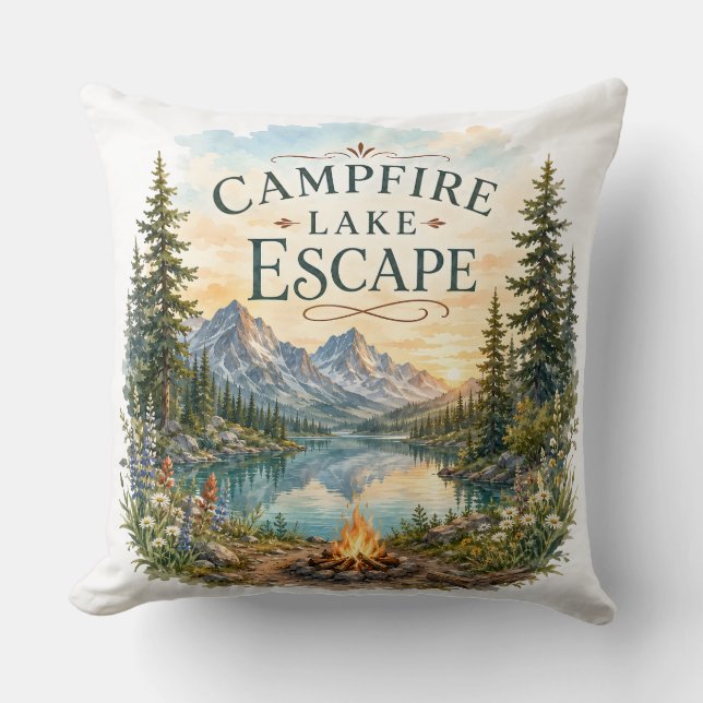 Campfire Lake Escape Mountain Wilderness Camping  Throw Pillow (Front)