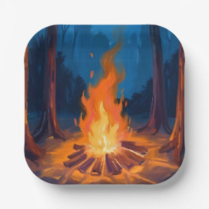 Campfire Moon   Nature Watercolor Painting Paper Plate