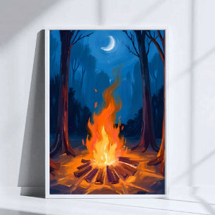 Campfire Moon   Nature Watercolor Painting Poster