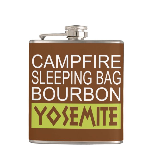 Campfire Sleeping Bag Bourbon Yosemite Hip Flask (Front)