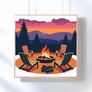 Campfire Sunset   Nature Camping Painting Poster