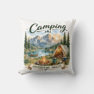 Camping Adventure Awaits Mountain Lake Wilderness Throw Pillow