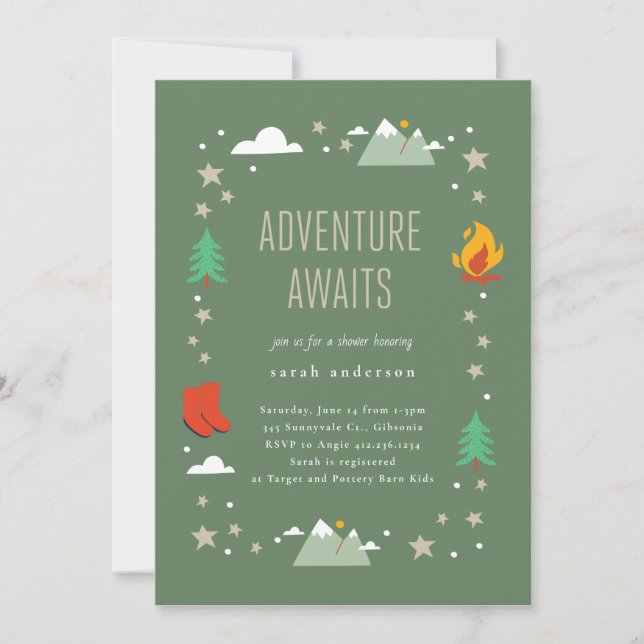 Camping Adventure Awaits Neutral Baby Shower Invitation (Front)