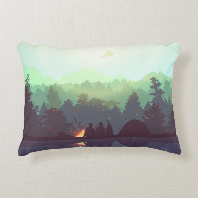 Camping Adventure Forest Mountain Illustration Accent Pillow (Front)