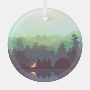 Camping Adventure Forest Mountain Illustration Glass Ornament
