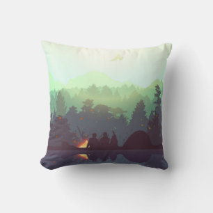 Camping Adventure Forest Mountain Illustration Throw Pillow