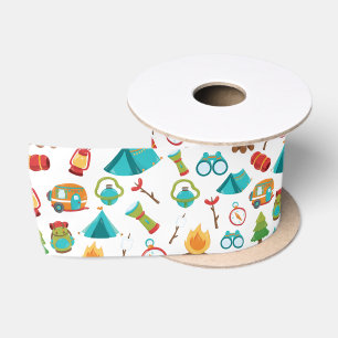 Camping Adventure Pattern on White Satin Ribbon