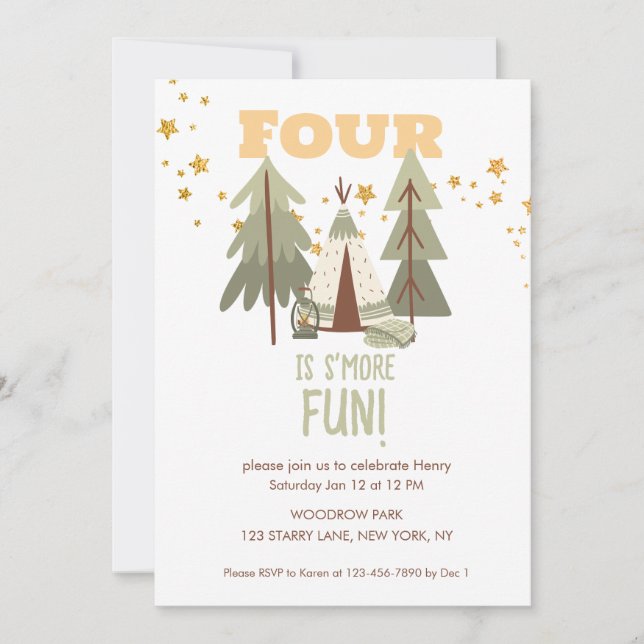 Camping Adventure S’more Fourth Birthday  Invitation (Front)