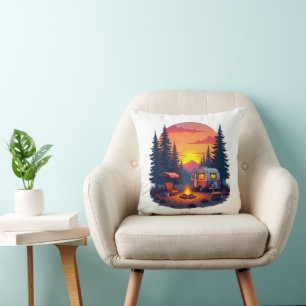 Camping at Sunset in the Wilderness of the Woods Throw Pillow
