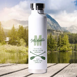 Camping Bachelorette Party Monogram Water Bottle<br><div class="desc">Personalized camping bachelorette water bottle featuring mountains,  boat oars,  your guests initial,  name,  and the details of your trip.</div>