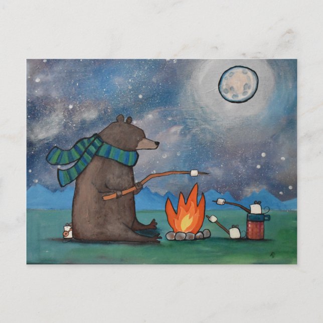 Camping Bear and Mice Roasting Marshmallows Postcard (Front)