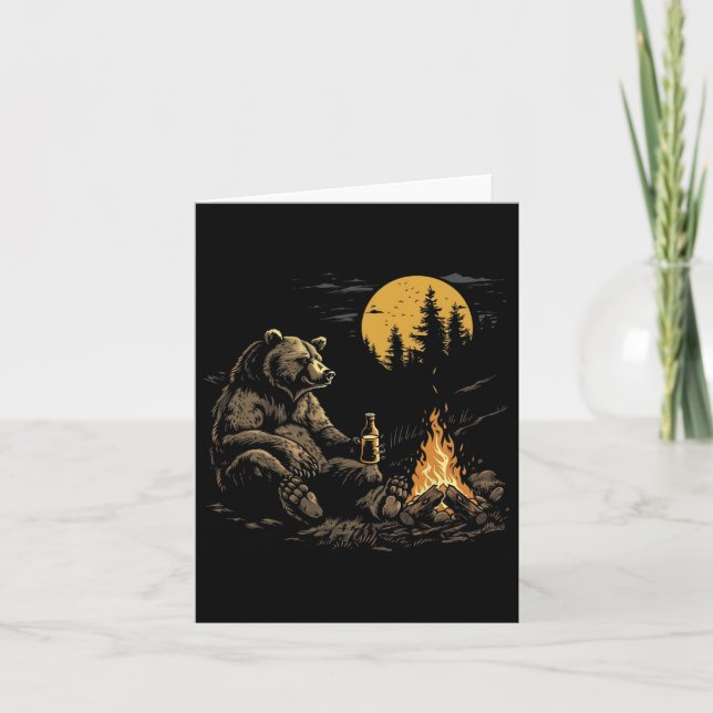 Camping Bear Drinking Beer Hiking Nature Funny Gri Card (Front)