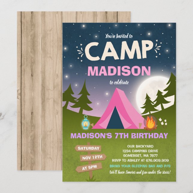 Camping Birthday Invitation Camp Out Party (Front/Back)