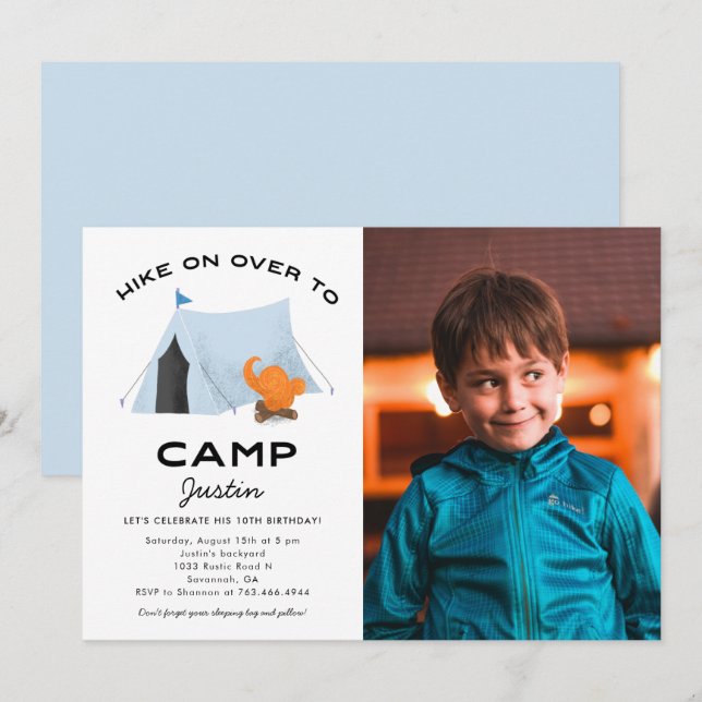 Camping Birthday Party Blue Tent Photo Invitation (Front/Back)