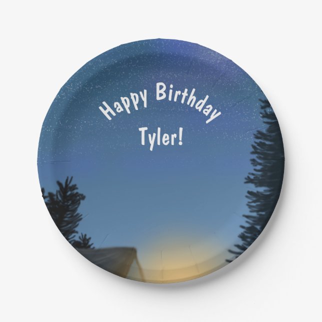 Camping Birthday Party Customizable Message Paper Plate (Front)