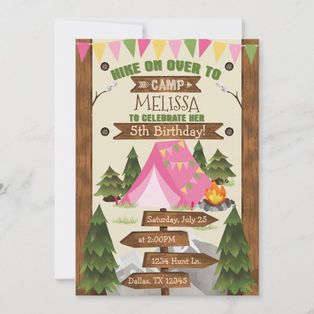 Camping Birthday Party Invitation Invite Girl (Front)