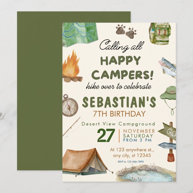 Camping Birthday Party modern kids  Invitation (Front/Back)