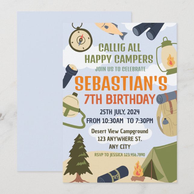 Camping Birthday Party modern kids  Invitation (Front/Back)