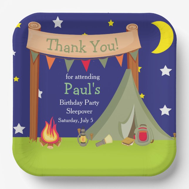 Camping Birthday Party Sleepover Khaki Green Paper Plate (Front)