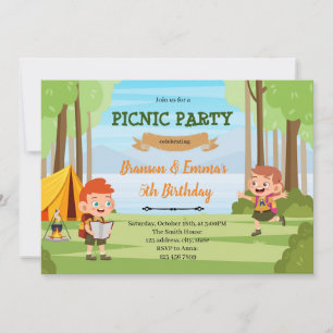 Camping boy girl joint party invitation