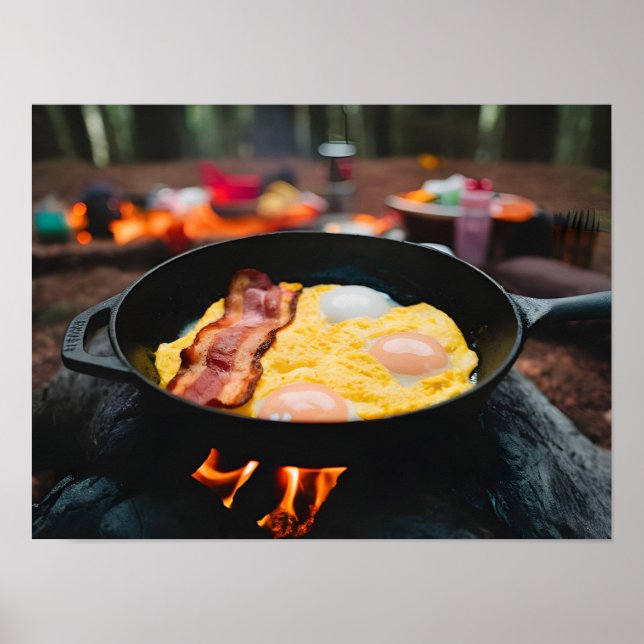 Camping Breakfast Delight: Bacon and Eggs  Poster (Front)