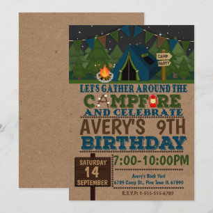 Camping Cam Birthday Party Invitation Camp out