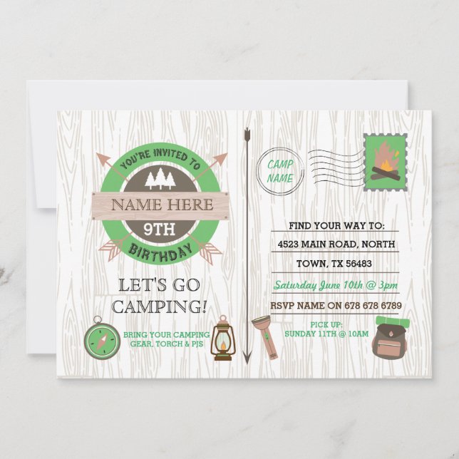 CAMPING Camp Out BIRTHDAY PARTY boys girls invite (Front)