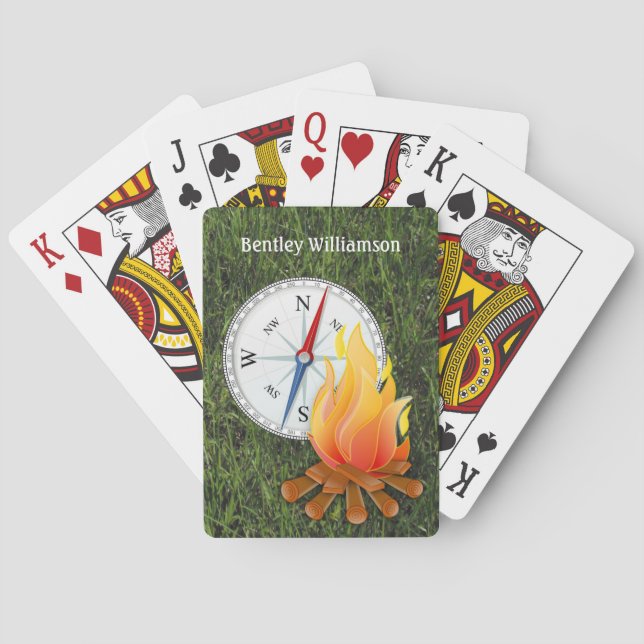 Camping campfire and compass Personalize Playing Cards (Back)