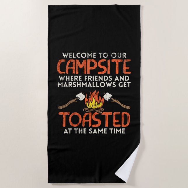 Camping Campfire and Marshmallows Beach Towel (Front)