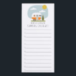 Camping Checklist Orange Trailer Woodland Magnetic Notepad<br><div class="desc">Illustration of an orange camper travel trailer parked next to an evergreen tree with blue sky and sun.  Personalize the name.  Delete lines if not wanted.</div>
