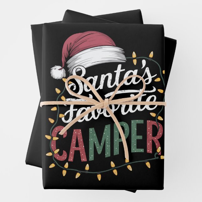 Camping Christmas Santa's Favourite Camper Gift Wrapping Paper Sheet (In situ)