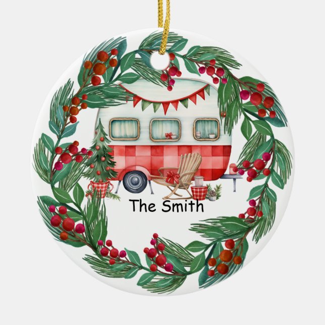 Camping Christmas Van for Camper Ceramic Ornament (Front)
