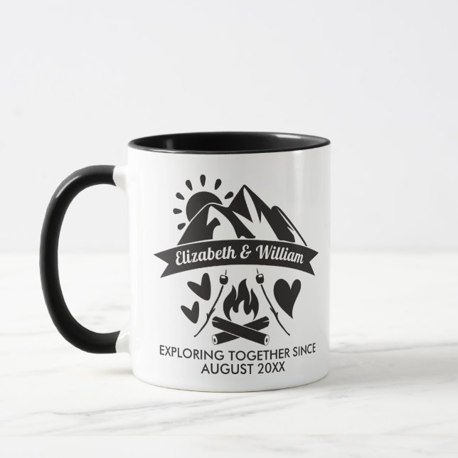 Camping couple exploring together mountain bonfire mug (Left)