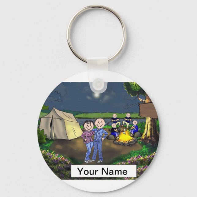 Camping Couple, Four Children Cartoon Keychain (Front)