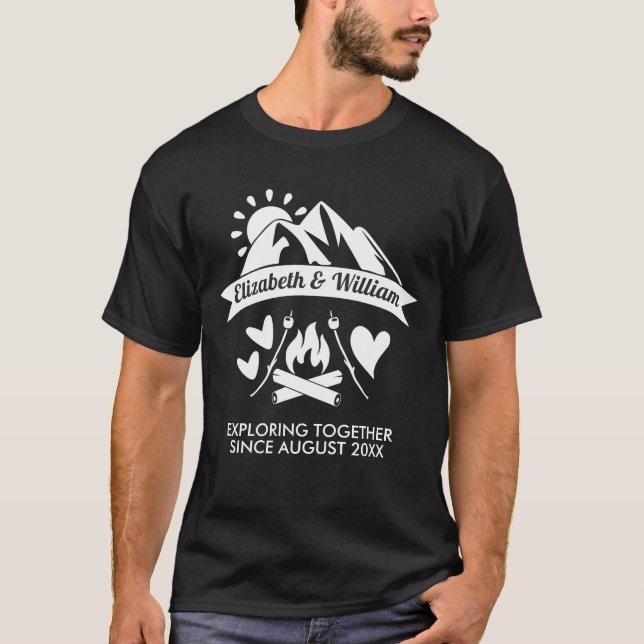 Camping couple mountain bonfire exploring together T-Shirt (Front)