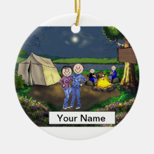 Camping Couple, Two Children Ceramic Ornament