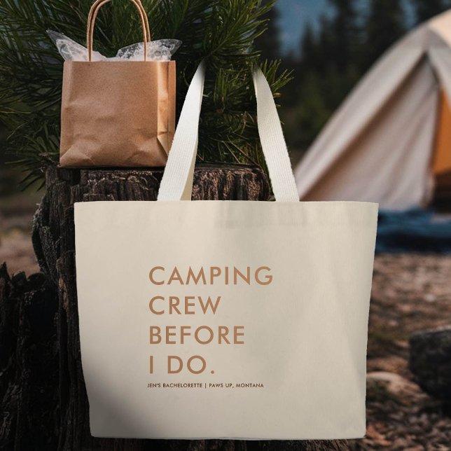 Camping Crew Earthy Beige Bachelorette Party Gift Large Tote Bag (camping crew bachelorette party tote bag gift bach earth colors beige brown)