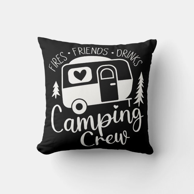 Camping Crew Fries Friends Drinks Throw Pillow (Front)