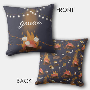 Camping Fire Outdoor Adventure & Marshmallows Throw Pillow