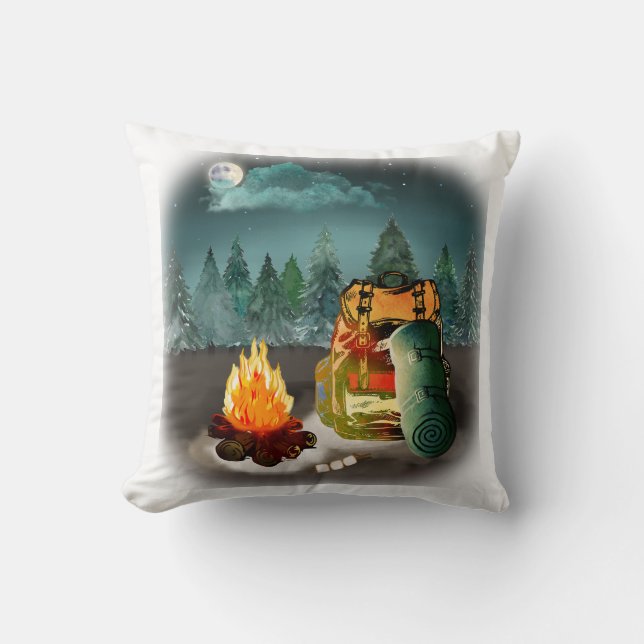 Camping Forest Night Adventure Throw Pillow (Front)