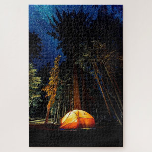 Camping Forest Tent Tall Pines Stars Night Sky Jigsaw Puzzle