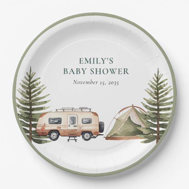Camping Forest Watercolor Baby Shower Paper Plate (Front)