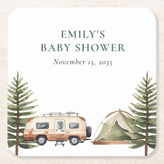 Camping Forest Watercolor Baby Shower Square Paper Coaster (Front)