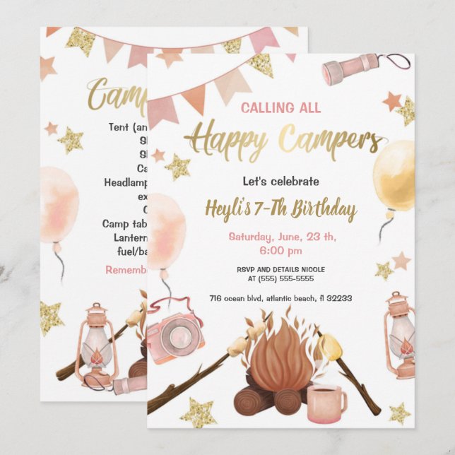 Camping Girl Birthday Bonfire Invitation (Front/Back)