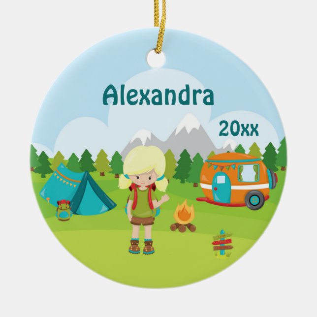 Camping Girl Fire Camper Tent Backpack Blond Ceramic Ornament (Front)