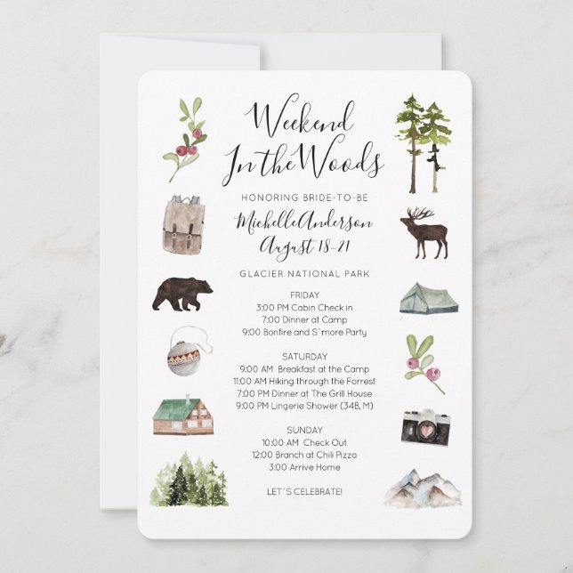 Camping Glamping Bachelorette Weekend Itinerary  Invitation (Front)