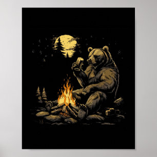 Camping Grizzly Bear Drinking Beer Hiking Nature O Poster